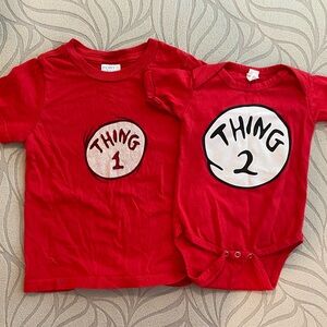Siblings matching Thing 1 and Thing 2 tshirt and onesie bundle 3T and 6-12 mths